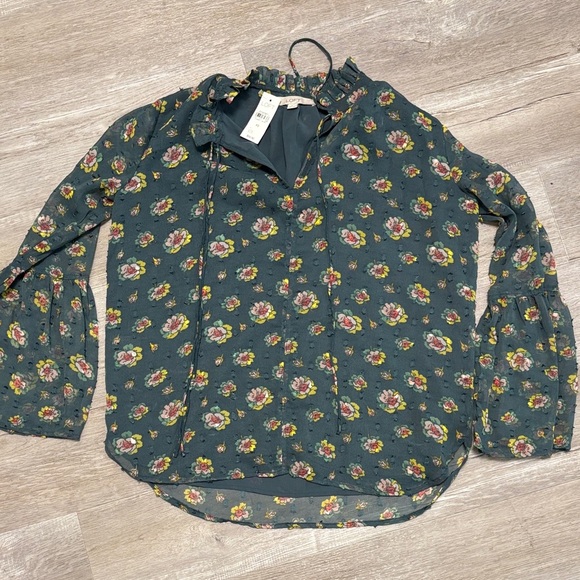 LOFT Teal Floral Blouse with Ruffle Detail - Picture 1 of 3